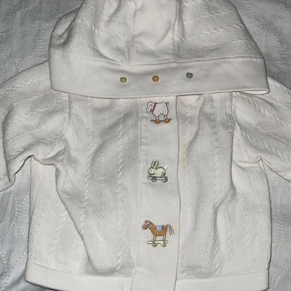 Stacy Clair Boyd baby sweater with hood, embroidery & little buttons 0-6 months